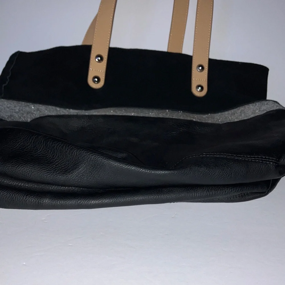 Steve Madden Black Tote with Silver Sparkle Stripe and‎ Tan Handles